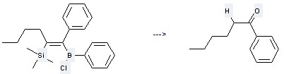 The 1-Hexanone, 1-phenyl- could be obtained by the reactant of 1-(Chlorphenylboryl)-1-phenyl-2-(trimethylsilyl)-1-hexen. 